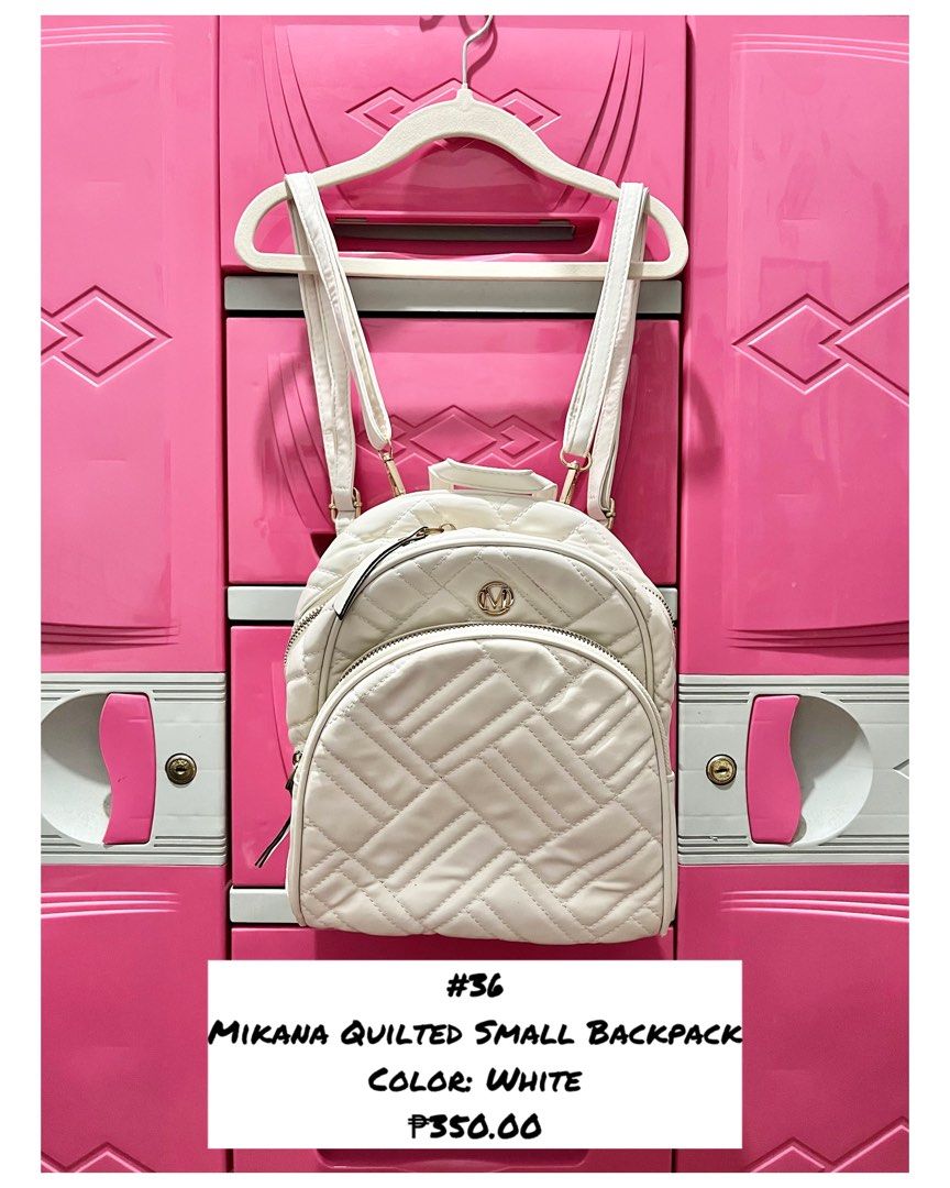 Pre-loved Mikana Quilted Small Backpack (Category: Backpacks) located in Muntinlupa City. Submitted by triciakye (Listing ID 1467140519, Image 1). Description: 📍Alabang, Muntinlupa City Click on the picture for the details. RFS: Decluttering ng babaeng bibili ng bagong damit kapag may gala tapos di na ulit susuotin 😅 PLEASE READ: -Payment first via Gcash before ship out. -Prices does not include shipping fee. The item will be sent via Lalamove.
