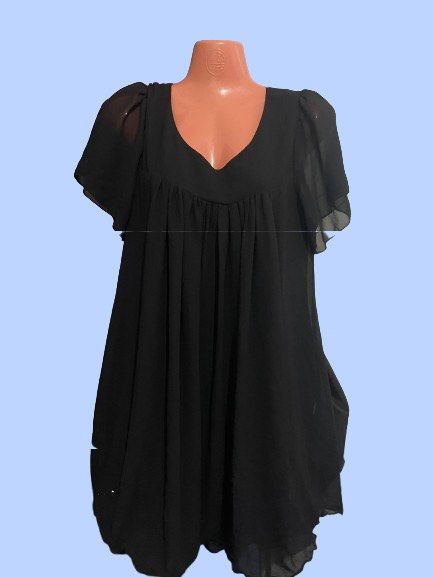 MINGYIREN Black Chiffon Mini Dress (Category: Dresses) located in Manila. Submitted by joclutter (Listing ID 1467083397, Image 3). Description: - Brand: MINGYIREN - Style: Black chiffon mini dress with a flowy, loose silhouette - Details: Scoop neckline, short sheer flutter sleeves, and a gathered pleated bodice - Comfort: Lightweight fabric, fully lined body, and easy pull-on style (no zippers or buttons) - Length: Above the knee - Condition: Ex