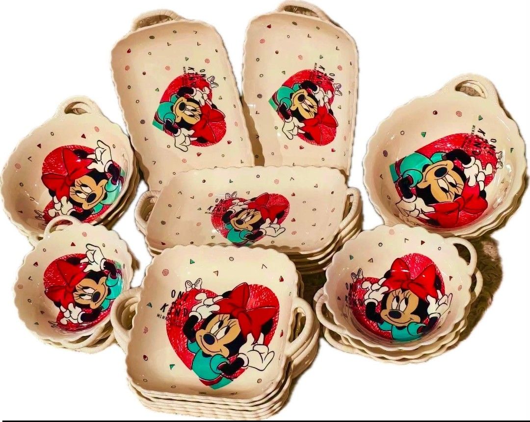Minnie Mouse Ceramic Dinnerware Set Plates and Bowls (Category: Dinnerware & Cutlery) located in Paranaque City. Submitted by allisberry (Listing ID 1467080788, Image 1). Description: - Complete Disney Minnie Mouse dining collection featuring cream-colored ceramic with red heart graphics - Includes multiple sizes: rectangular trays, serving dishes, shallow bowls, and deep bowls - Made of sturdy, high-quality glazed ceramic - Stacks neatly for eas