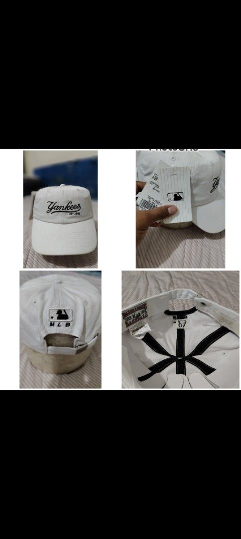 MLB New York Yankees White Baseball Cap (Category: Caps & Hats) located in Bulacan. Submitted by adrian2325 (Listing ID 1467070762, Image 1). Description: - Brand: MLB New York Yankees - Color: Clean white - Design: Cursive script embroidery on front, MLB batter logo on back - Condition: Brand new with original tags attached - Fit: Adjustable strap closure for a custom fit - Details: Black interior seam taping.