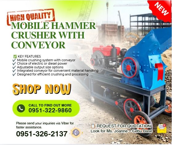 MOBILE HAMMER CRUSHER WITH CONVEYOR FOR SALE (Category: Everything Else Others) located in Caloocan City. Submitted by ultimatekh80569 (Listing ID 1466972007, Image 1). Description: ♻️ Model: PC-310×520 Looking for an efficient crushing solution for your business? This Mobile Hammer Crusher with Conveyor is designed for crushing various materials into smaller sizes, making it suitable for recycling, aggregate processing, and industrial applicatio