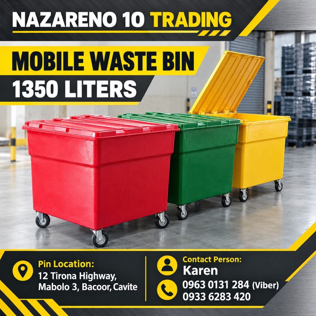 Mobile Waste Bin 1350 Liters (Category: Looking For) located in Bacoor. Submitted by kajezame.2021 (Listing ID 1466979704, Image 1). Description: Mobile Waste Bin 1350 Liters For More Details and Discount Contact Ms. Karen NAZARENO 10 TRADING 0963 0131 284 0933 6283 420 0956 7028 557 0933 8559 510 Landline: Look for Ms. Karen (046 ) 416 3920 Also available: • Traffic cone • Parking Block stopper • Hooded trash bin • Road Plastic Barrier • Spill b