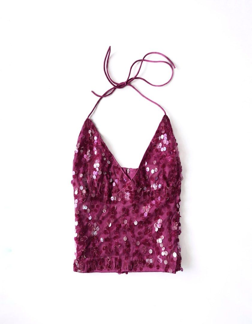 MUSERA Pink Sequin Halter Top Size S (Category: Sleeveless) located in Batac City. Submitted by doniagel (Listing ID 1467125072, Image 1). Description: - Brand: Musera - Size: Small - Color: Bright pink - Material: Sequin with mesh overlay and full lining - Details: Adjustable halter tie straps, low V-cut front, cropped fit with back zipper .