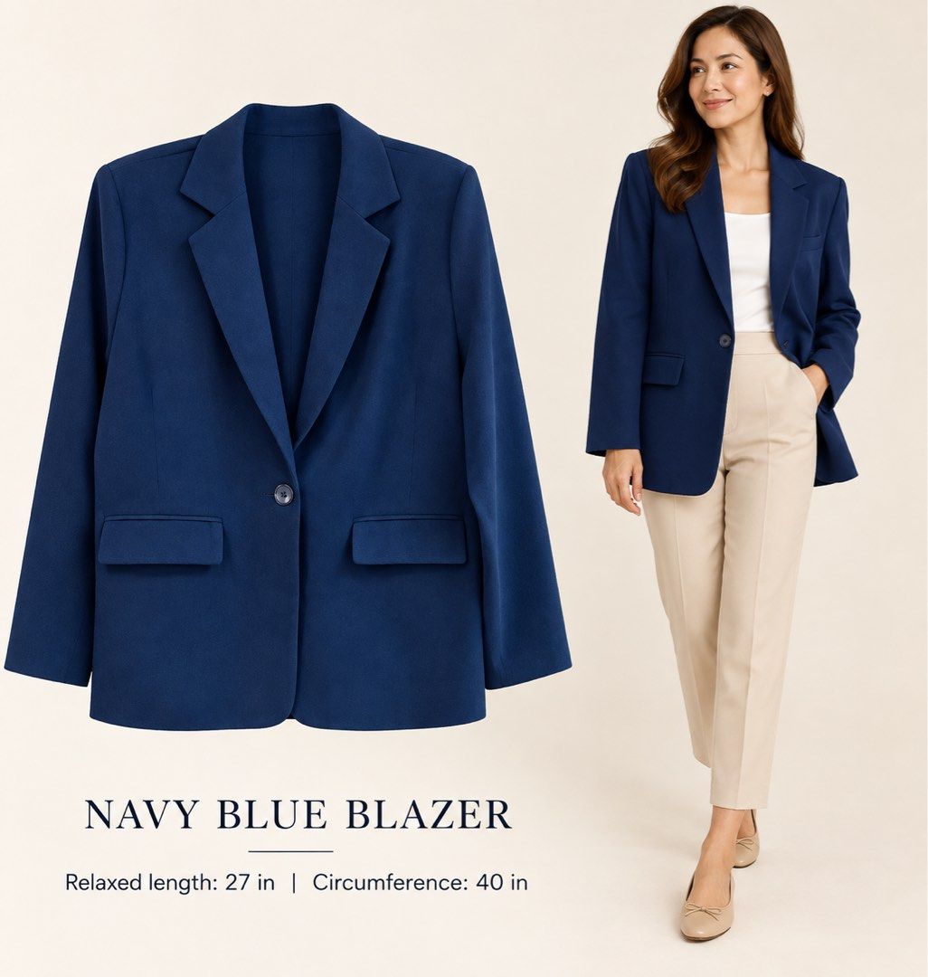 Navy Blue Blazer (Category: Coats, Jackets and Outerwear) located in Quezon City. Submitted by kishey (Listing ID 1467138776, Image 1). Description: - Color: Navy blue - Closure: Single front button with functional front pockets - Fit: Relaxed style, true to size (27" length, 40" circumference) - Style: Clean, tailored look ideal for work or casual layering - Condition: Excellent, easy to throw on over any basic top No inner lining.