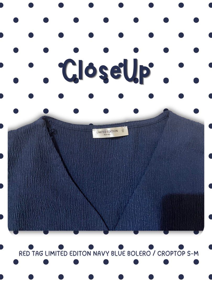 Navy Blue Bolero Top (Category: Blouses) located in Manila. Submitted by nelchi.i (Listing ID 1467013630, Image 3). Description: Navy Blue Bolero / Croptop – Size S-M 💙 A classy navy blue bolero top with a flattering V-neckline, elegant gold-tone buttons (sewed on), and short sleeves. Originally a limited-edition piece from Red Tag, this top is perfect for downtown styling for chic downtown, vintage-inspired look. Easy to dress up or down ! Bran