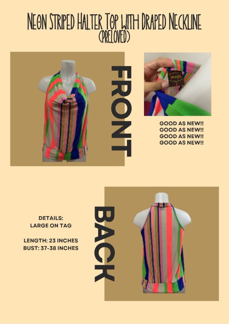 Neon Striped Halter Top with Draped Neckline (Category: Sleeveless) located in Bulacan. Submitted by shopwcol_ (Listing ID 1467095389, Image 1). Description: - Neon striped halter top with a stylish draped cowl neckline - Vibrant pink, blue, green, and neutral vertical stripes - Size: Large (Length: 23 inches, Bust: 37-38 inches) - Condition: Preloved, good overall condition.