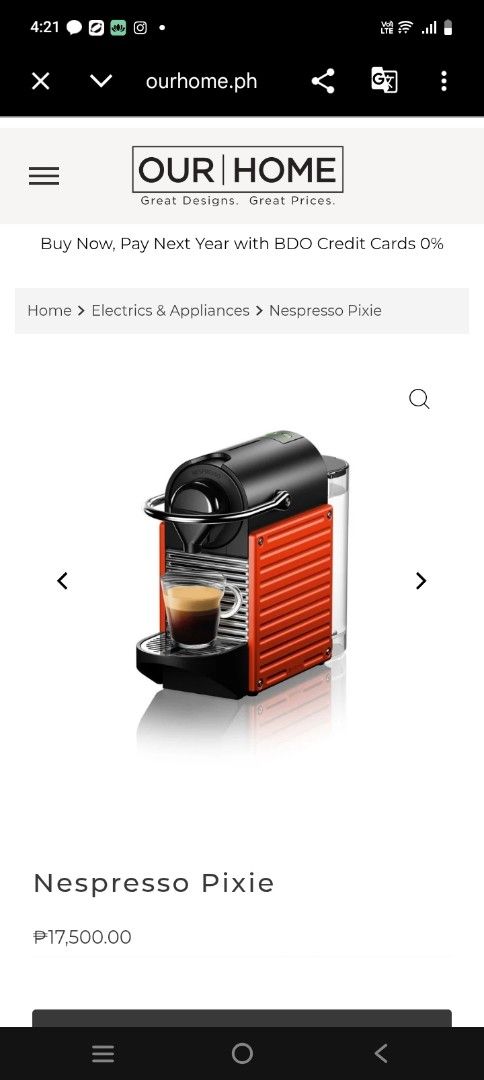 Nespresso Pixie Espresso Machine Red and Black (Category: Coffee Machines & Makers) located in Manila. Submitted by anvicnicajeff (Listing ID 1467140084, Image 2). Description: Almost New 17k srp Nespresso Pixie espresso maker in red and black. Compact footprint, quick heat-up system. Operates with Nespresso original capsules. Clean condition, works great. Includes water tank Automatic power off after 9 mins Empty water tank detection 3 KG 25 sec