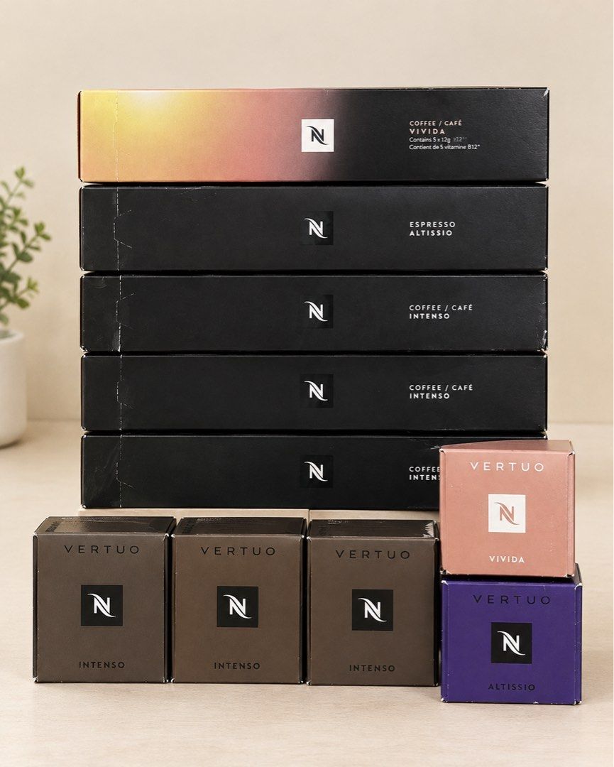 Nespresso Vertuo Coffee Pods Assorted Bundle Intenso Altissio Vivida (Category: Beverages) located in Manila. Submitted by michiemi_ (Listing ID 1467047629, Image 1). Description: - Assorted Nespresso Vertuo coffee capsules bundle - Flavors included: Intenso, Altissio, and Vivida - Format: Mix of long sleeves and small cube boxes - Condition: Brand new and unopened - Selling as a whole lot (ideal for stocking up or tasting new blends).