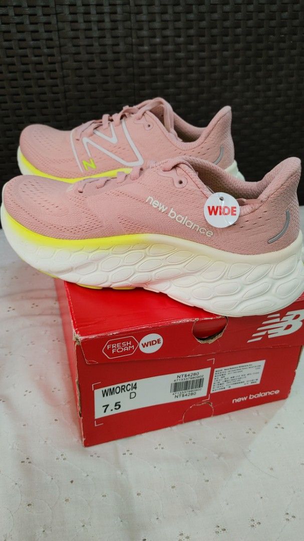 New Balance Fresh Foam More V4 (Category: Sneakers) located in Quezon City. Submitted by color_my_world (Listing ID 1467016406, Image 2). Description: fits 7,5 to 8 women broad feet, men 6.5 men broad feet - Brand: New Balance Fresh Foam More V4 - Color: Pink with bright neon yellow accents - Size: US 7.5 / UK 5.5 / EU 38 / 24.5 cm - Fit: Wide width (comes with wide tag attached) - Cushioning: Maximum cushion midsole for ultimate comfort - Inclus