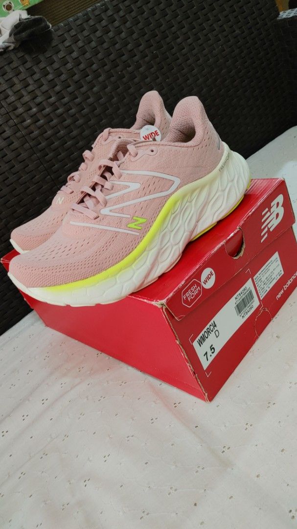 New Balance Fresh Foam More V4 (Category: Sneakers) located in Quezon City. Submitted by color_my_world (Listing ID 1467016406, Image 1). Description: fits 7,5 to 8 women broad feet, men 6.5 men broad feet - Brand: New Balance Fresh Foam More V4 - Color: Pink with bright neon yellow accents - Size: US 7.5 / UK 5.5 / EU 38 / 24.5 cm - Fit: Wide width (comes with wide tag attached) - Cushioning: Maximum cushion midsole for ultimate comfort - Inclus