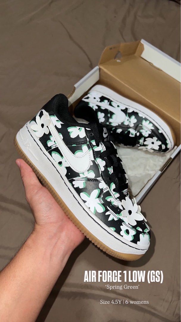 Nike Air Force 1 Low GS Spring Green (Category: Sneakers) located in Aroroy. Submitted by wantsneaker (Listing ID 1467034397, Image 1). Description: - Brand: Nike Air Force 1 Low - Size: GS 4.5Y (fits Women's US 6) - Design: Black upper with white and green floral print - Details: Iconic gum sole and black laces - Condition: Brand new, never worn out - Inclusion: Original box included - Mode of Payment: GCash, BPI, or Bank Transfer - Shipping: Vi