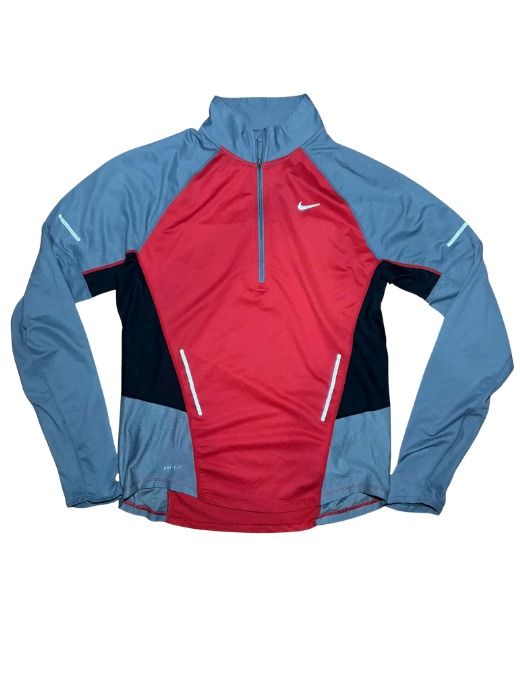 Nike Dri-FIT Quarter Zip Running Top (Category: Activewear) located in Marikina City. Submitted by maobuysstuff (Listing ID 1467010823, Image 1). Description: Authentic Nike Dri-FIT quarter zip running top - red, grey, and black colourblock design with reflective swoosh logo - Breathable mesh panels keep you cool and dry during workouts - Condition: Slightly used, some wear on the reflective strips on the arms - Pit to pit: 18.5" (fits small or m