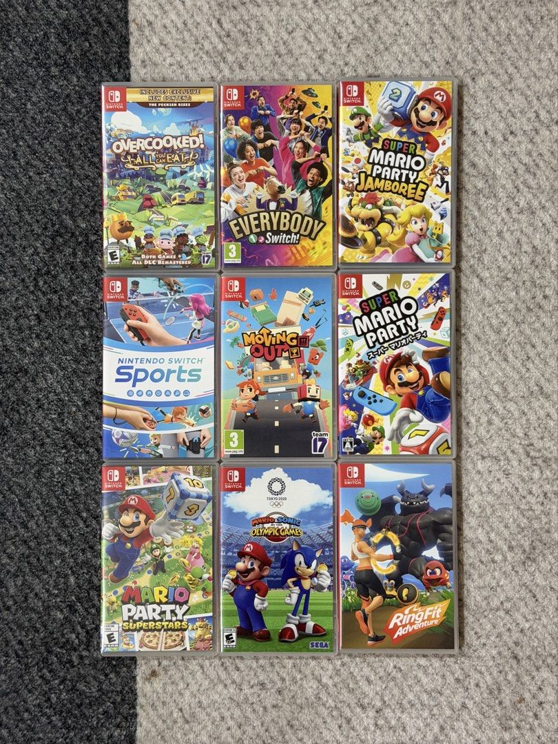 Nintendo Switch OLED Bundle complete set (Category: Nintendo) located in Cyberjaya. Submitted by hahavisuel (Listing ID 1467047660, Image 2). Description: Nintendo Switch OLED Fullset Box included Joycon (L) Pink, Blue, Blue Joycon (R) Yellow, Red, Neon Yellow Game: Overcooked! All You Can Eat Everybody 1 2 switch Nintendo Switch Sports Moving Out RingFit Adventure Mario Party Superstars Super Mario Party Super Mario Party Jamboree Mario & Sonic 