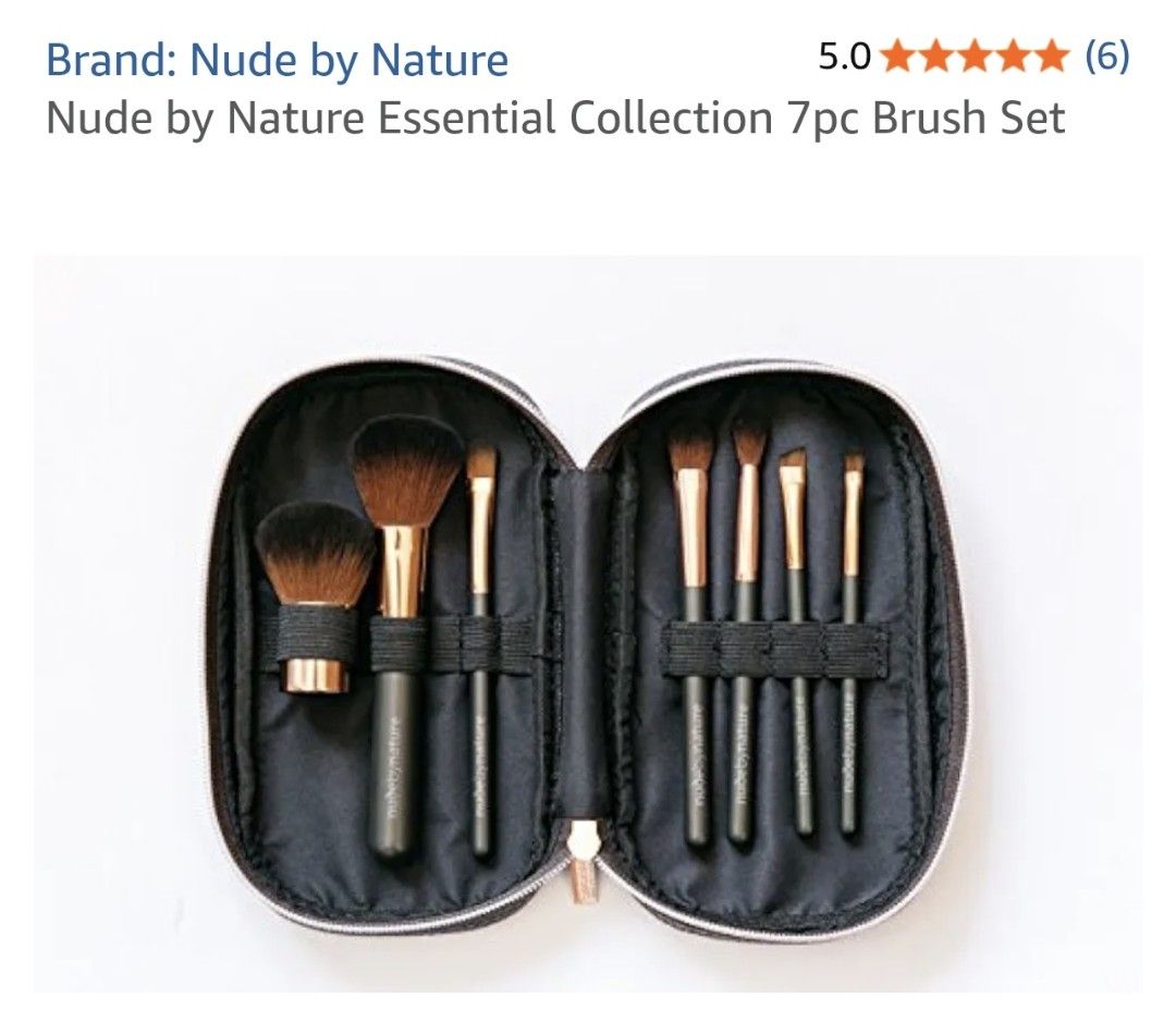 Nude by Nature Essential Collection 5pc Brush Set with Case (Category: Makeup) located in Pasig City. Submitted by she_declutters_ph (Listing ID 1467106270, Image 1). Description: - Brand: Nude by Nature - Set includes: 1 large face brush and 4 eye brushes - Design: Charcoal grey handles with rose gold ferrules - Storage: Comes with a sleek black zippered pouch featuring rose gold hardware, structured lining, and secure elastic loops - Condition: