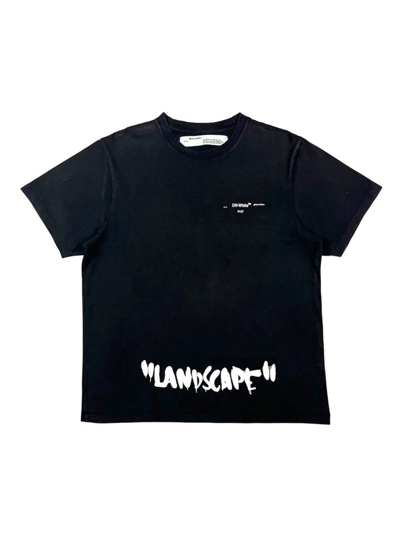 Off-White - “LANDSCAPE” SS19 Tee (Category: Tshirts & Polo Shirts ) located in Puerto Princesa. Submitted by rrugsgallery (Listing ID 1467103023, Image 2). Description: Off-White - “LANDSCAPE” SS19 Tee Tagged Size: Large Length: 28.3 Width: 22.5 Condition: Very good Color rate: 9.5 Flaws: Hairline cracks & signs of usage.