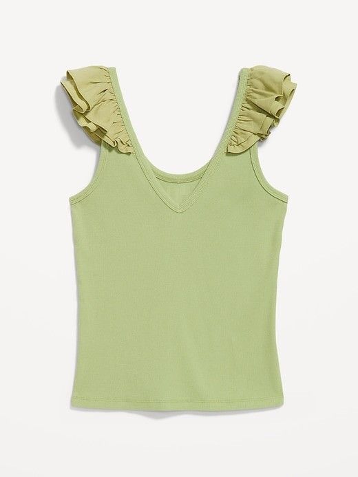 Old navy ruffle trimmed top xl (Category: Sleeveless) located in San Pablo. Submitted by allyourbrandedneeds (Listing ID 1467106068, Image 2). Description: - Brand: Old Navy - Size: XL - Color: Green - Material: Cotton and spandex blend (stretchy) - Design: Ribbed texture, V-neck, double ruffled straps - Origin: Made in Indonesia - Care: Machine wash cold - Condition: Clean with no obvious flaws.