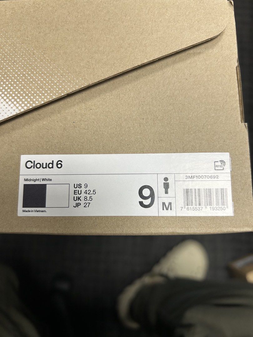 On Cloud 6 Midnight White Men Size US 9 (Category: Sneakers) located in Taguig. Submitted by jrlaz27 (Listing ID 1466980296, Image 2). Description: - Brand: On Running - Model: Cloud 6 - Colorway: Midnight / White - Size: Men's US 9 / EU 42.5 / UK 8.5 / JP 27 - Condition: Brand new, unworn in original shoebox - Upper: Breathable mesh with signature speed-lacing system - Sole: Thick white CloudTec cushioning for ultimate comfort.