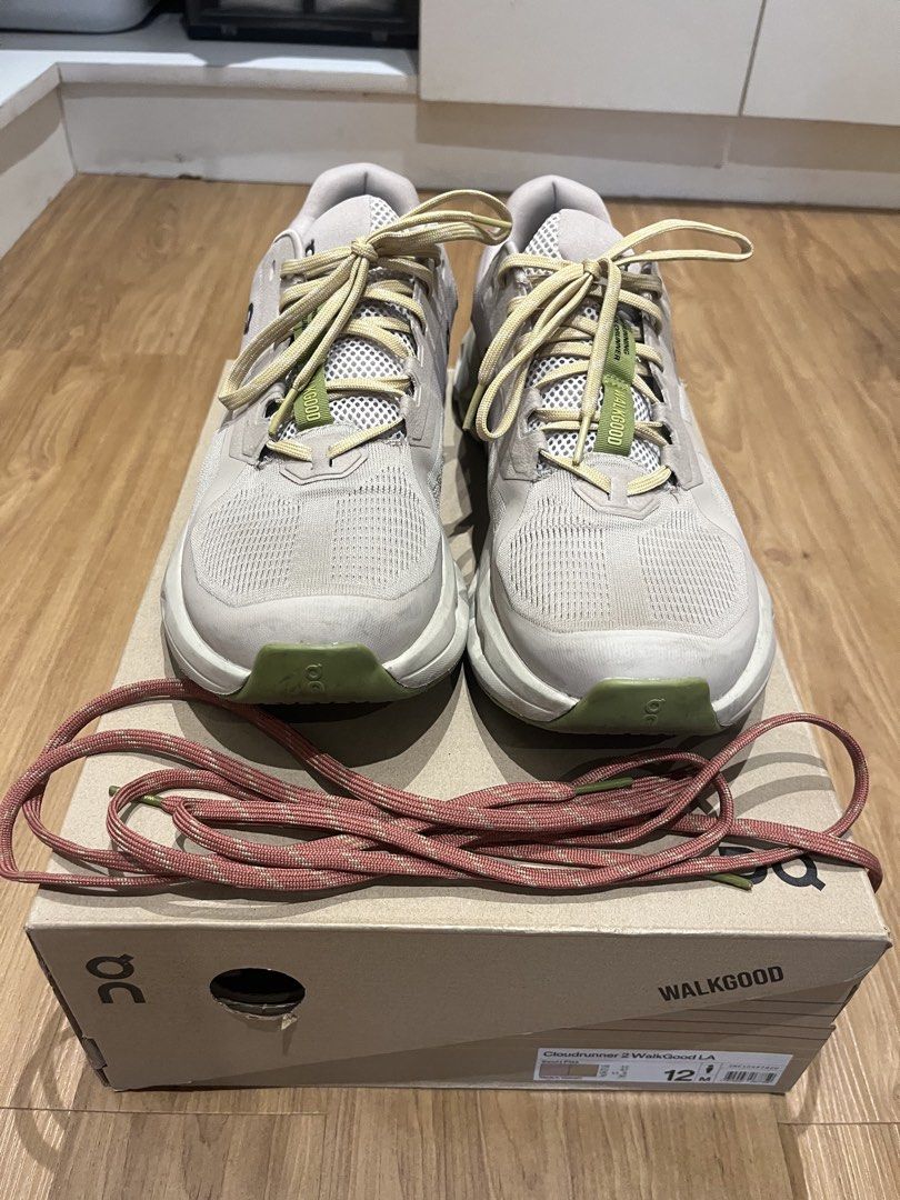 On Cloudrunner 2 WalkGood LA (Category: Sneakers) located in Pasig City. Submitted by gevyd (Listing ID 1467003226, Image 1). Description: - Model: On Cloudrunner 2 WalkGood LA - Size: Men's US 12 - Colorway: Cream upper with stylish olive green and maroon accents - Cushioning: Signature CloudTec midsole for all-day comfort - 9/10 Condition: Worn a few times, soles have very minimal dirt - Inclusions: Complete with original box and extra pair of 