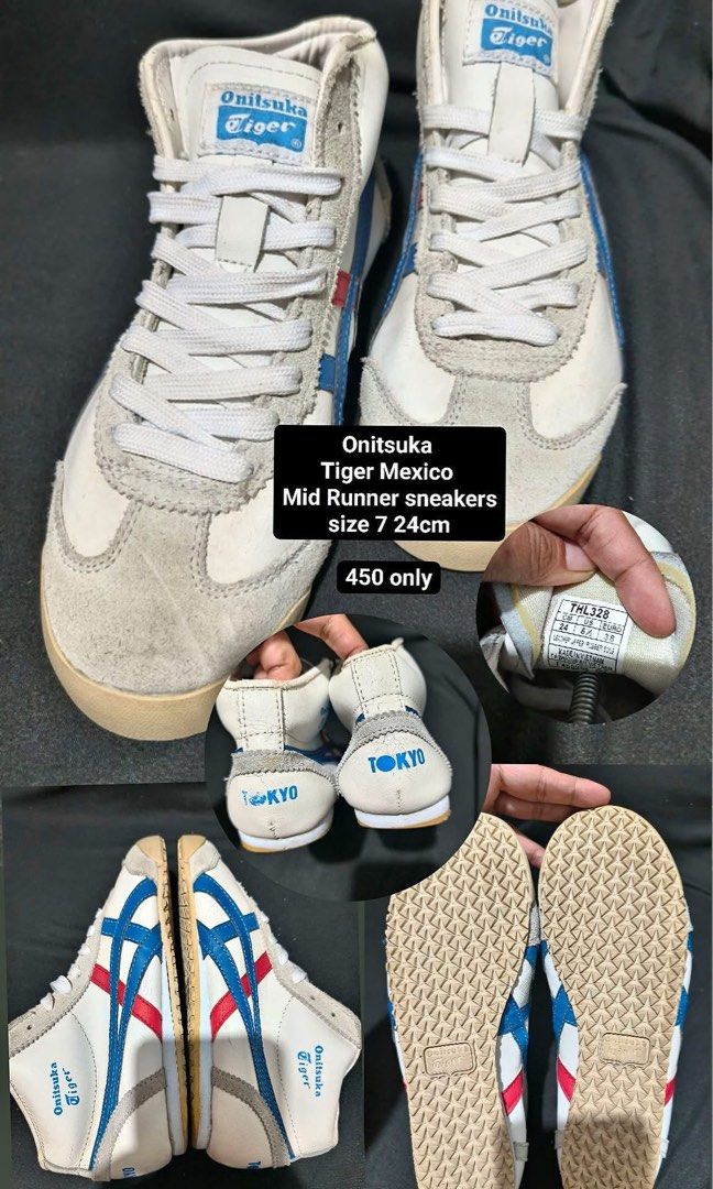 Onitsuka Tiger Mexico Mid Runner sneakers size 7 24cm (Category: Sneakers) located in Manila. Submitted by kiyanna.preloved (Listing ID 1467008262, Image 1). Description: - Brand/Model: Onitsuka Tiger Mexico Mid Runner (THL 328) - Colorway: White, Blue, and Red with iconic side stripes - Size: US 6.5 | EUR 39 | 24cm - Details: 'Tokyo' printed on back heel, textured rubber soles with good tread - Included: Original white laces - Condition: Pre-lov