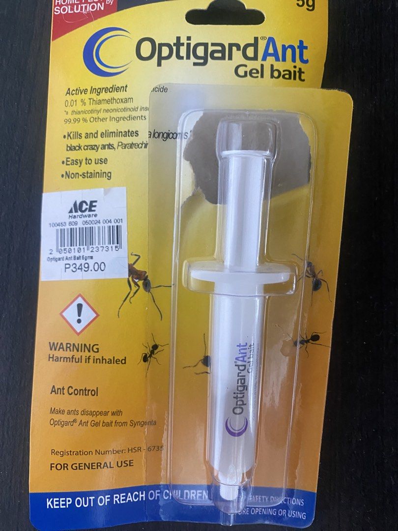 Optigard Ant Gel Bait Syringe 30g (Category: Medical Supplies & Tools) located in Makati City. Submitted by ann.declutter (Listing ID 1467034272, Image 1). Description: - Brand: Syngenta Optigard Ant Gel Bait - Active Ingredient: 0.01% Thiamethoxam - Target Pests: Black crazy ants (Paratrechina longicornis) and general ants - Condition: Brand new, unopened in original blister pack with Ace Hardware price tag - Features: Easy to use and non-staini