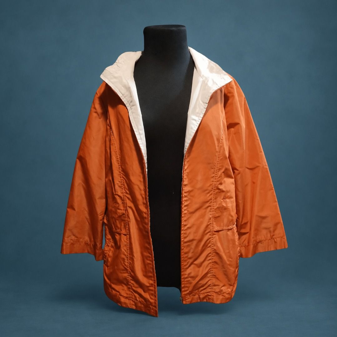 Orange and white lightweight jacket (Category: Coats, Jackets and Outerwear) located in Muntinlupa City. Submitted by kaelakuneho (Listing ID 1467016607, Image 1). Description: - Color: Bright orange with a striking wide white lapel collar - Material: Lightweight, durable nylon great for layering - Design: Open front style with mid-length sleeves and two functional front pockets - Fit: Easy slip-on design, perfect for cooler weather or AC-chilly 