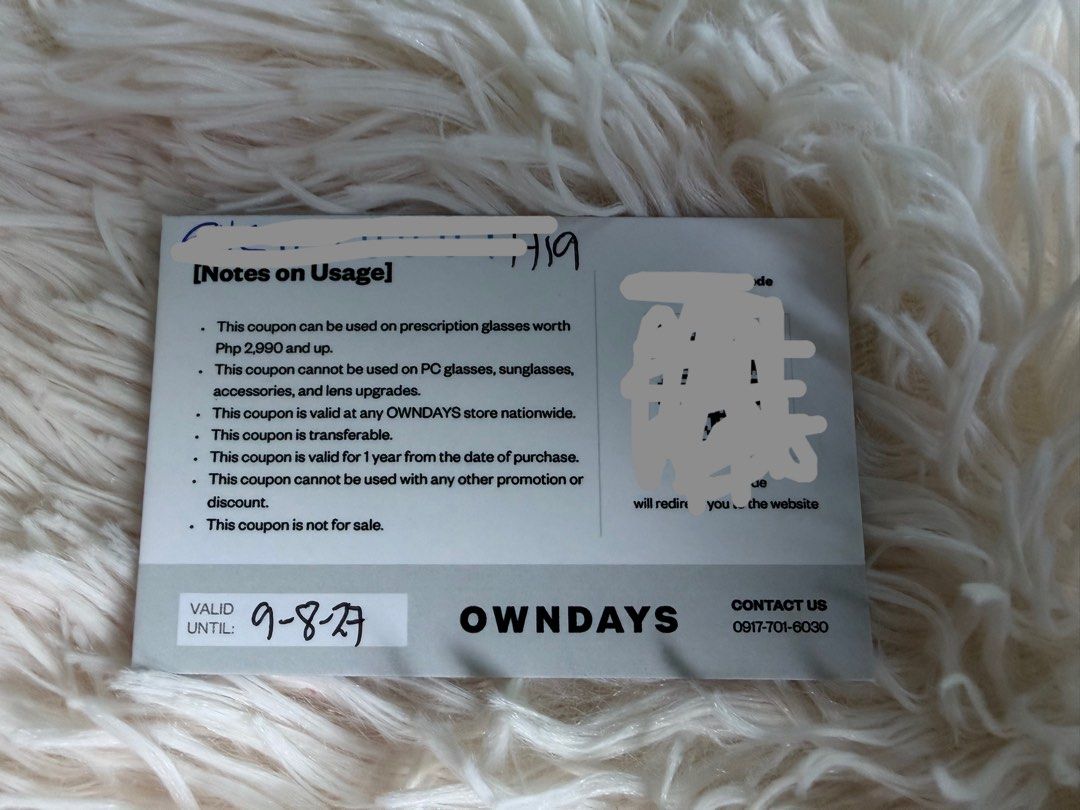 OWNDAYS PHP 1,000 Off Discount Coupon (Category: Vouchers) located in Mandaluyong City. Submitted by cat_master (Listing ID 1467058374, Image 2). Description: - Item: OWNDAYS Discount Coupon - Value: PHP 1,000 off Valid until 9-8-28 .