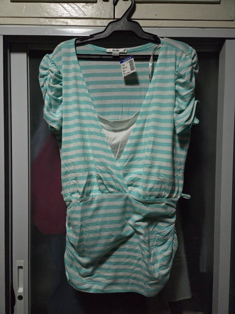Papaya Mint Striped Short Sleeve Top (Category: Shirts) located in Pasig City. Submitted by ldcayas (Listing ID 1467097073, Image 1). Description: - Brand: Papaya - Color: Mint green and white stripes - Size: L (Made in Vietnam) - Condition: Brand new with tag still attached - Material: Lightweight and comfortable - Features: V-neck, short sleeves, and cute gathered details Mode of Payment Gcash/Bank Transfer.