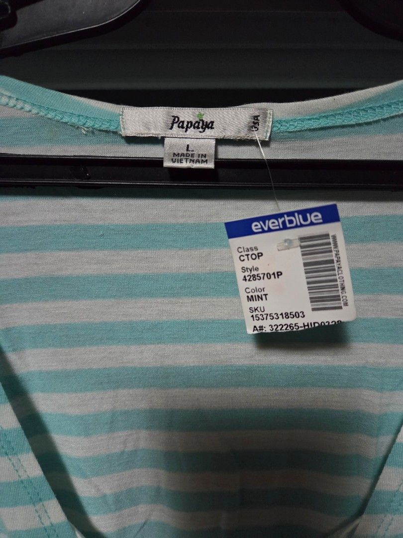 Papaya Mint Striped Short Sleeve Top (Category: Shirts) located in Pasig City. Submitted by ldcayas (Listing ID 1467097073, Image 3). Description: - Brand: Papaya - Color: Mint green and white stripes - Size: L (Made in Vietnam) - Condition: Brand new with tag still attached - Material: Lightweight and comfortable - Features: V-neck, short sleeves, and cute gathered details Mode of Payment Gcash/Bank Transfer.
