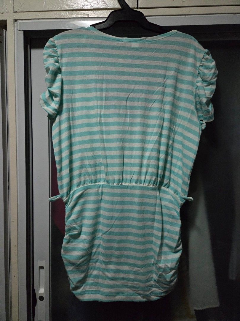 Papaya Mint Striped Short Sleeve Top (Category: Shirts) located in Pasig City. Submitted by ldcayas (Listing ID 1467097073, Image 2). Description: - Brand: Papaya - Color: Mint green and white stripes - Size: L (Made in Vietnam) - Condition: Brand new with tag still attached - Material: Lightweight and comfortable - Features: V-neck, short sleeves, and cute gathered details Mode of Payment Gcash/Bank Transfer.
