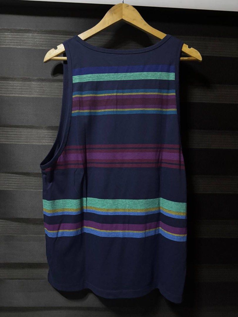 Penshoppe Striped Tank Top (Category: Activewear) located in Pasig City. Submitted by abogadosupremo (Listing ID 1467032368, Image 3). Description: - Brand: Penshoppe - Color: Navy blue with purple, green, and blue horizontal stripes - Material: Lightweight cotton - Fit: Standard fit with scoop neckline and sleeveless cut - Condition: Clean inside and out, from a smoke-free home - Ideal for: Casual wear, summer days, or gym workouts - 100% Legit 
