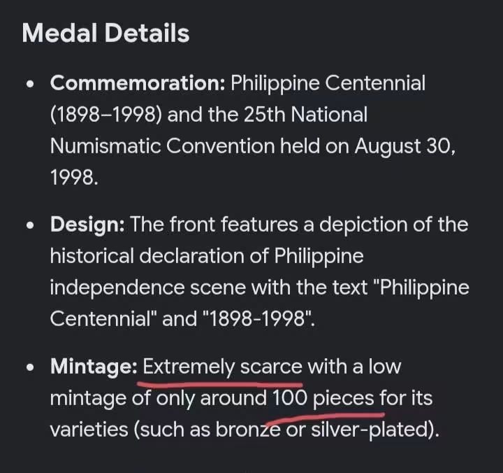Philippine Centennial PNAS Medal (Category: Currency) located in Manila. Submitted by bjie2700446238 (Listing ID 1448367496, Image 3). Description: Unc cond Scarce Low mintage- 100 pcs only.