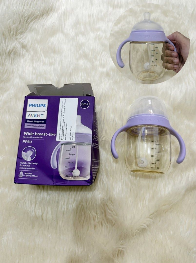 Philips Avent Bionic Sippy Cup 240ml Purple (Category: Weaning & Toddler Feeding) located in San Pedro. Submitted by prelovedbykristine (Listing ID 1467023691, Image 1). Description: Used once, pinatry lang kay baby. 📍San Pedro, Laguna.
