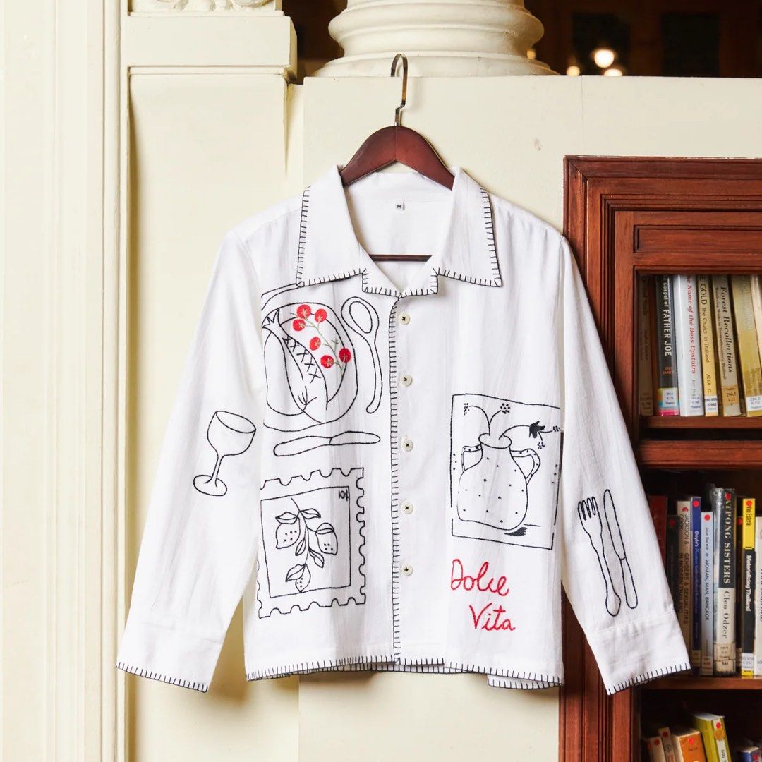Pickle Projects Dolce Vita Shirt (Category: Coats, Jackets and Outerwear) located in Baguio. Submitted by lovelemons (Listing ID 1467099762, Image 1). Description: Pickle Projects Dolce Vita Shirt Thai Independent Brand Hand-embroidered by local artisans High quality hemp fabric No issues - no stains, no rips, no tears Good as new condition Men's Medium Retails for 119.50 USD on their site.