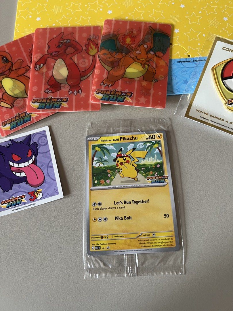 Pikachu 131 Rare (Category: Raw Singles) located in Rizal. Submitted by hobbyist_declutter (Listing ID 1466985033, Image 2). Description: Pokemon Run Pikachu Run 30th anniversary Freebies: Charizard Fire Lenticular cards, Pokemon Run Gym Badge Pin, Gengar sticker I’m not a collector, selling it to collectors who would cherish it :) .