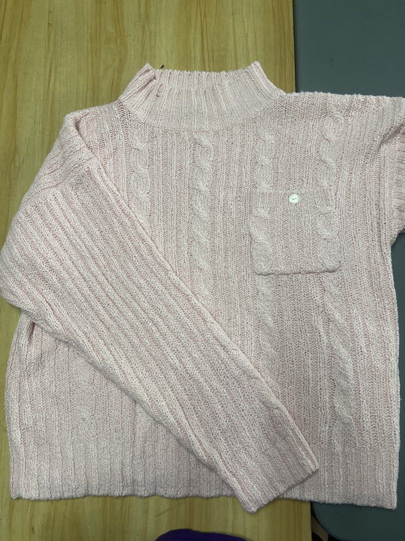 Pink Cable Knit Mock Neck Sweater (Category: Coats, Jackets and Outerwear) located in Bulacan. Submitted by Domozz (Listing ID 1467038985, Image 3). Description: Length 24 Width 22 L to Xl stretchable Womens Pink.