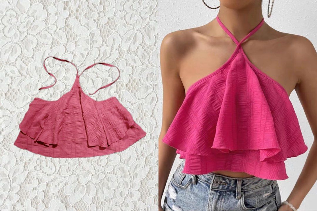 Pink Halter Top Ruffle Crop Top (Category: Sleeveless) located in Manila. Submitted by closet.by.ika (Listing ID 1467103437, Image 1). Description: closet find no. 006 ♡ 💗🎀 a pretty little pink halter top looking for its new home! 🌸 ୨ৎ rose pink halter top with layered ruffles ୨ৎ condition: preloved ୨ৎ size: small-medium ୨ৎ price: ₱120 💌 dm to claim! first to mine gets the item ♡ a little piece from my closet, ready to be loved by another gir