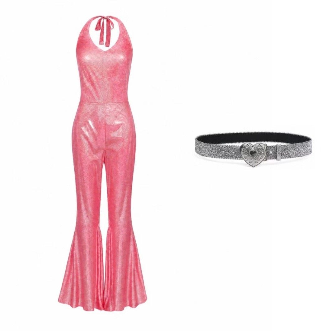 Pink sparkly 70s disco outfit (Category: Sets or Coordinates) located in Mandaluyong City. Submitted by elizadoolittl (Listing ID 1467154910, Image 2). Description: Shimmery pink costume for 70s disco theme. Halter neck and backless, with flared leg design. Made of light stretchy fabric Fits XS to medium size Comes with free silver belt and long blonde wig Perfect for Halloween, yearend party costumes or any themed event.