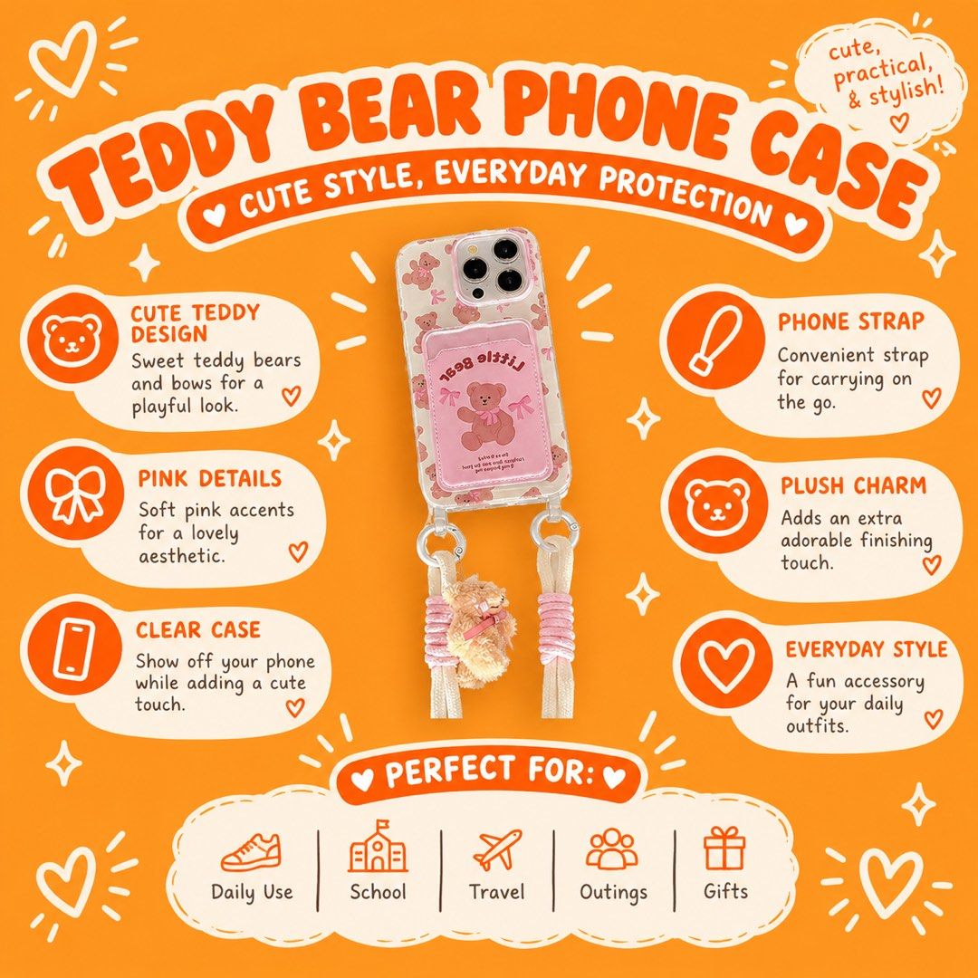 Iphone 15 Pink Teddy Bear Phone Case with Lanyard (Category: Cases & Sleeves) located in Navotas City. Submitted by ohyeinz (Listing ID 1467166648, Image 1). Description: Your phone deserves a cute outfit too! 🎀🩷 this adorable teddy bear phone case comes with a matching strap for extra convenience and a sweet, girly touch. perfect for everyday use and for those who love all things pink!.