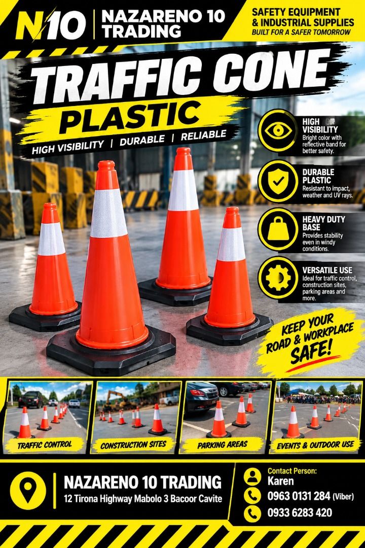 Plastic Traffic Cone (Category: Looking For) located in Bacoor. Submitted by kajezame.2021 (Listing ID 1467048541, Image 1). Description: Plastic Traffic Cone For More Details and Discount Contact Ms. Karen NAZARENO 10 TRADING 0963 0131 284 0933 6283 420 0956 7028 557 0933 8559 510 Landline: Look for Ms. Karen (046 ) 416 3920 Also available: • Traffic cone • Parking Block stopper • Hooded trash bin • Road Plastic Barrier • Spill boom • Fishing bu
