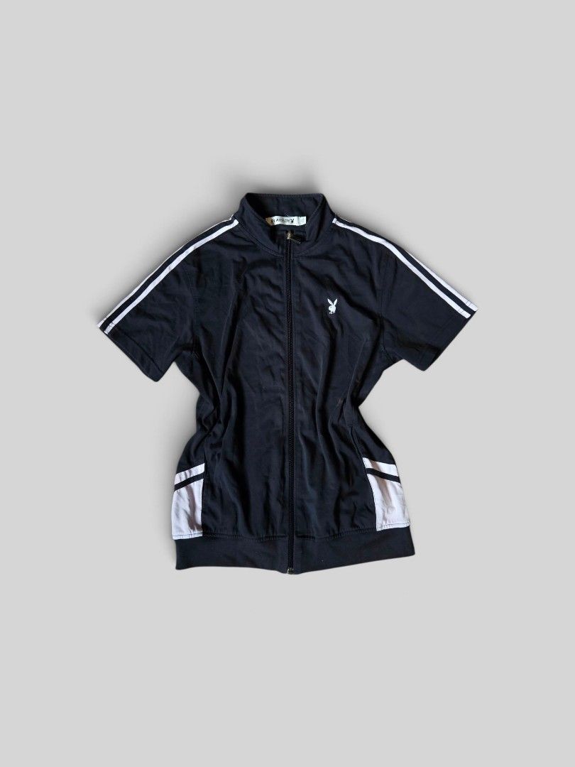 Playboy Short Sleeve Zip-Up y2k Track Jacket (Category: Coats, Jackets and Outerwear) located in Rizal. Submitted by stoo_cee (Listing ID 1467156108, Image 1). Description: Playbo*y y2k zip up top 18 x 25 Small - medium 8.8/10 issue: Bleach stain, bleeding .