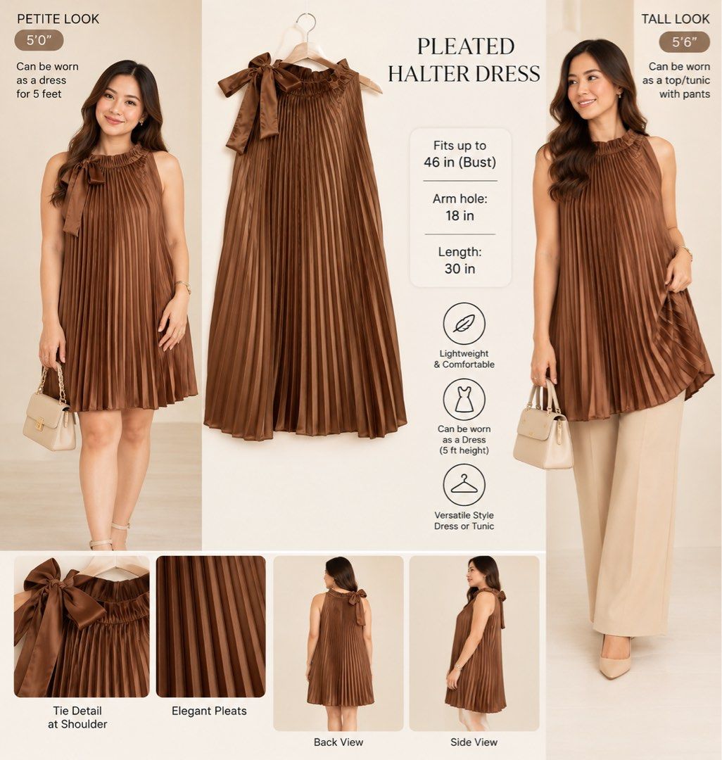 Pleated Halter Dress Brown Tunic (Category: Dresses) located in Quezon City. Submitted by kishey (Listing ID 1467141703, Image 1). Description: - Color & Style: Brown pleated halter dress with cute shoulder tie detail - Versatile Fit: Wear as a dress (ideal for 5 ft. height) or as a tunic top with pants (great for taller heights) - Measurements: Fits up to 46" bust, 18" armhole, 30" length - Comfort: Made with lightweight, comfortable fabric .