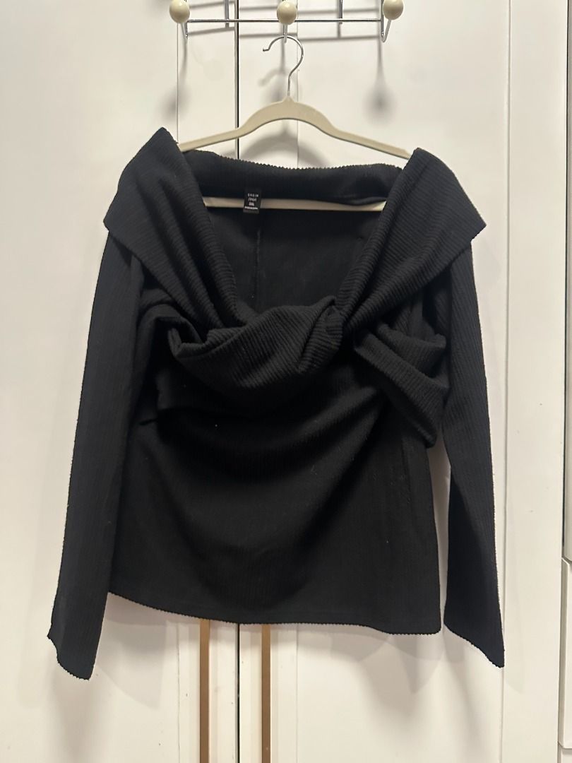 plus size - black off shoulder knit sweater (3xl) (Category: Longsleeves) located in Muntinlupa City. Submitted by hello.fran (Listing ID 1467145759, Image 1). Description: 👗 about the item: - material: warm textured ribbed knit fabric - design: long sleeves, foldover collar, and chunky draped front wrap detail - condition: great for cold weather layering and cozy everyday wear ✨ reason for selling: decluttering! just clearing out space in my cl