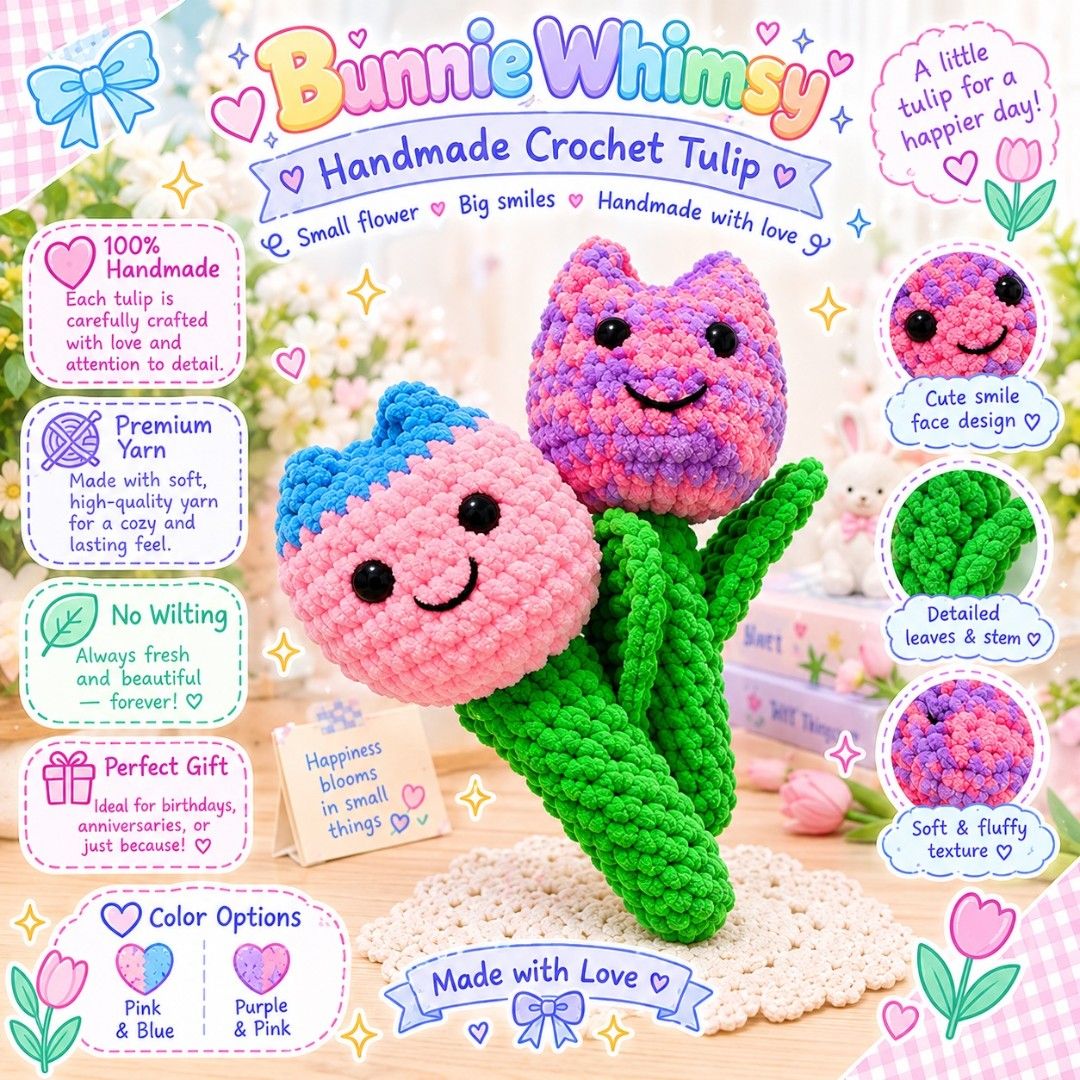 Plushies Tulips Crochet (Category: Plushies & Soft Toys) located in Manila. Submitted by shelld (Listing ID 1466979164, Image 1). Description: 🌷🧶 Handmade Crochet Flowers – Bunnie Whimsy 🧶🌷 Brighten someone’s day with our adorable handmade crochet flowers! 🌸💗 Each flower is carefully crocheted with soft, premium yarn and lots of love, creating a sweet keepsake that will stay beautiful forever. ✨ 🌼 100% Handmade with Love 🧶 Soft & cozy pre
