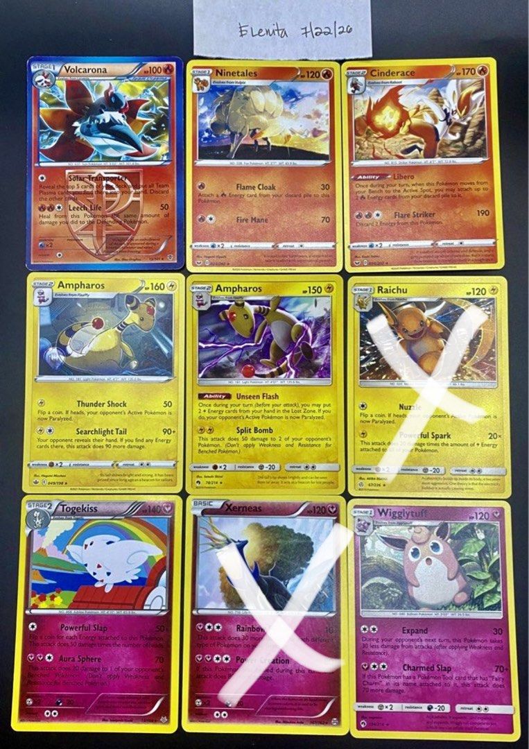 Pokemon TCG sale! (Category: Raw Singles) located in Angeles City. Submitted by lensongsong (Listing ID 1451302507, Image 1). Description: Frame 1: 1.Volcarona 13 - P100 (2013) 2.Ninetales 023 - P100 (2020) 3.Cinderace 034 - P50 (2020) 4.Ampharos 049 - P50 (2021) 5.Ampharos 78 - P135 (2018) 6.Raichu 67 - P120 (2019) ❌ 7.Togekiss 45 - P120 (2015) 8.Xerneas 107 - P120 (2015) ❌ 9.Wigglytuff 134 - P100 (2018) Frame 2: 1.Drakkarmin 83 - P100 (2016) 2.