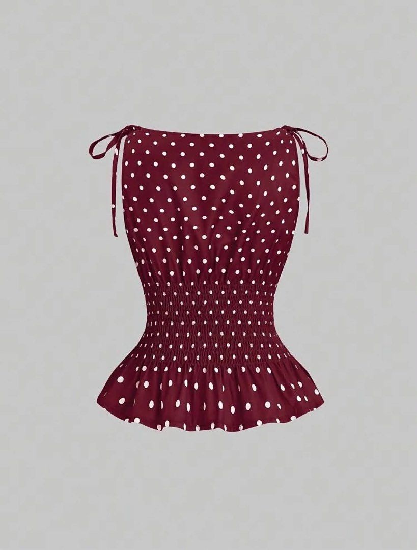 Polka dot smocked peplum halter top multiple colors (Category: Sleeveless) located in Pasacao. Submitted by eommacollections_ (Listing ID 1467072027, Image 1). Description: - Style: Cute polka dot halter top - Features: Smocked waist, ruffled hem, side zipper, and tie-up shoulder straps - Material: Lightweight fabric, ideal for casual summer days - Colors available: Maroon, yellow, white, and dark blue - Condition: Brand new, multiple pieces read