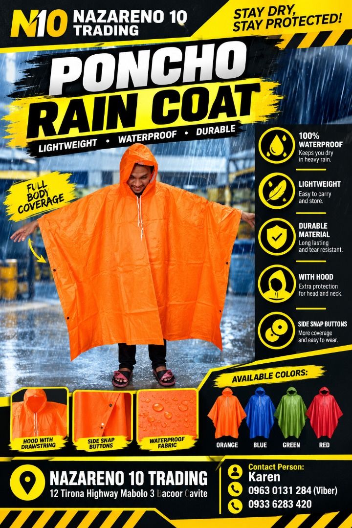 Poncho Rain Coat (Category: Looking For) located in Bacoor. Submitted by kajezame.2021 (Listing ID 1467036857, Image 1). Description: Poncho Rain Coat For More Details and Discount Contact Ms. Karen NAZARENO 10 TRADING 0963 0131 284 0933 6283 420 0956 7028 557 0933 8559 510 Landline: Look for Ms. Karen (046 ) 416 3920 Also available: • Traffic cone • Parking Block stopper • Hooded trash bin • Road Plastic Barrier • Spill boom • Fishing buoy • Spi