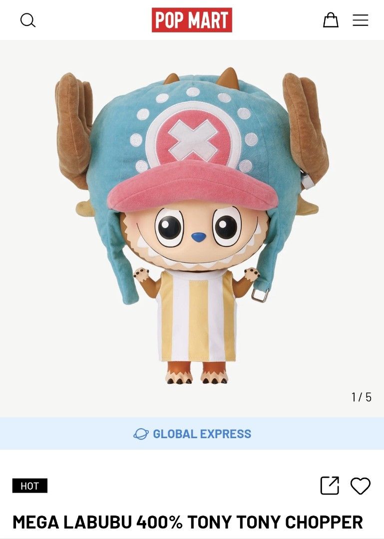 POP MART MEGA LABUBU 400% TONY TONY CHOPPER (Category: Designer & Blind Box Toys) located in Quezon City. Submitted by sashasarisarishoppe (Listing ID 1467066086, Image 1). Description: - Brand: Pop Mart x One Piece - Character: Tony Tony Chopper x Labubu - Size: 400% - Condition: Brand new, factory sealed in original plastic wrap - Ideal for serious collectors and fans.