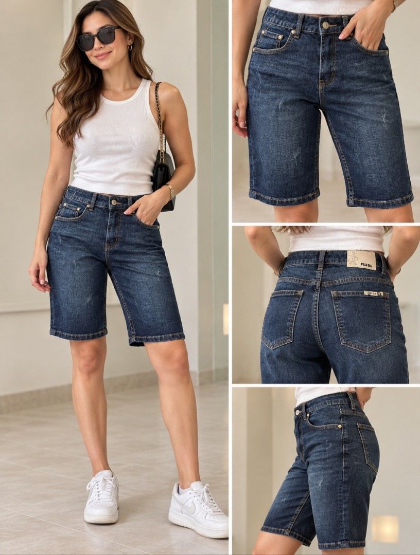 Prada Jeans Shorts Size 28 (Category: Luxury Apparel) located in Manila. Submitted by mhelcgm (Listing ID 1439802581, Image 1). Description: - Authentic Prada jeans shorts - Size 28 - Classic dark blue wash - Standard five-pocket design - Prada logo on back pocket and label - Contrasting yellow stitching.