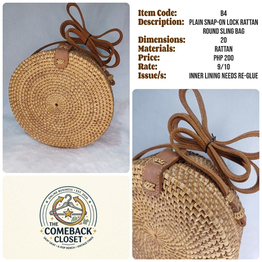 PRELOVED RATTAN Round Bag (Category: Beach Bags) located in Rizal. Submitted by aeramos26 (Listing ID 1467103849, Image 1). Description: Please see the details in each photo MINE | PM screenshot | Direct Checkout antipolo, rizal MOP: Payment First | COD (with additional fee) MOD: Direct Regular Ship | Lalamove | SCO | TCO Color may vary because of lighting NO ORDER FORM. NO PM. NO PAYMENT. NO ORDER COMFIRMATION.