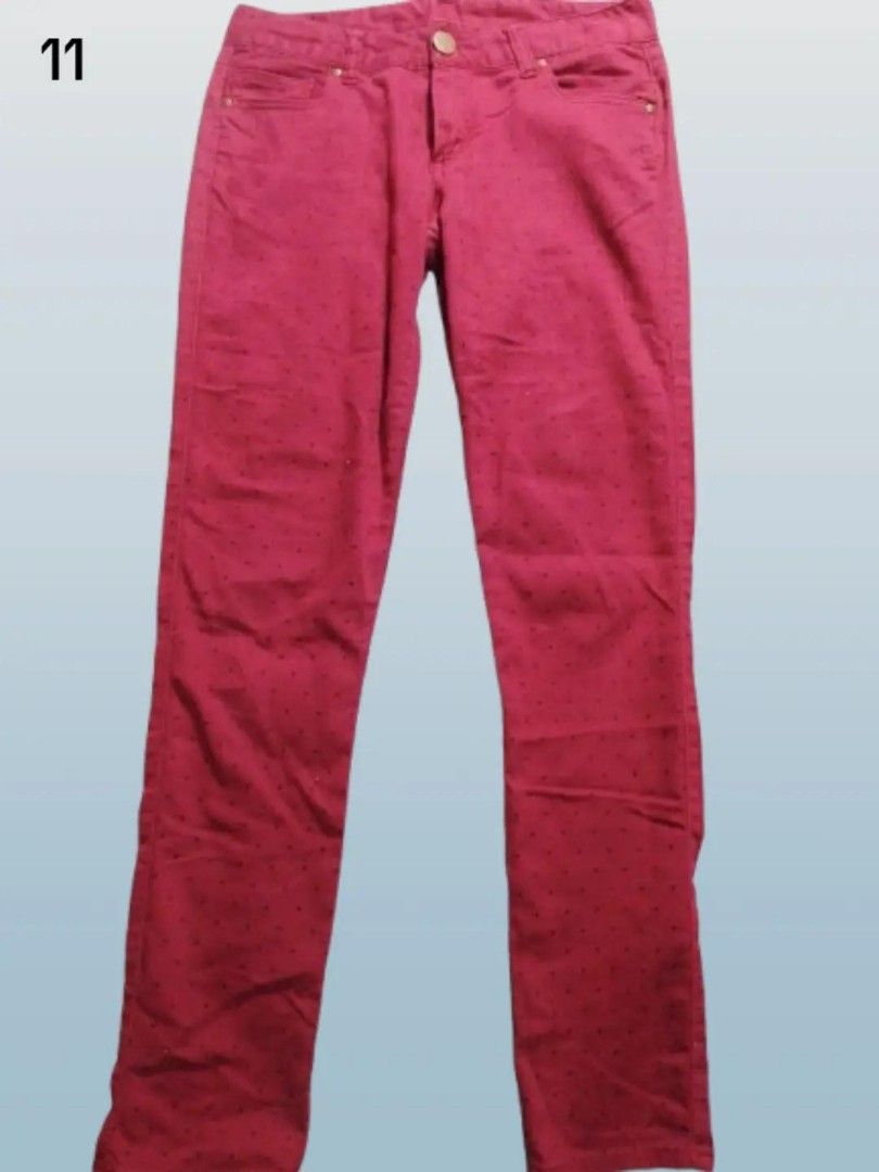 pre-loved red polka dots jeans (Category: Jeans) located in Rizal. Submitted by thecycreatives (Listing ID 1466994848, Image 1). Description: - 70 - brand/patch: alcia luna - never used - no issues - waist: 29 inches (flat measurement: 14.5 inches) - length: 98 cm details: burgundy/maroon red stretchable pants featuring an all-over black polka dot design, made from medium-weight fabric..